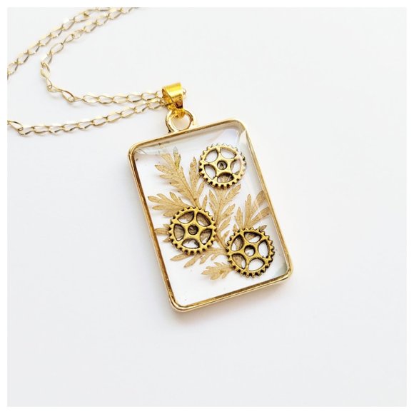 Beige and Gold Pendant Necklace Handmade Pressed Dried Leaves and Steampunk Gear - Picture 3 of 10